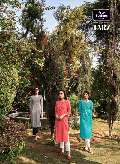 Tarz By Four Button Designer Cotton Embroidered Kurti Collection